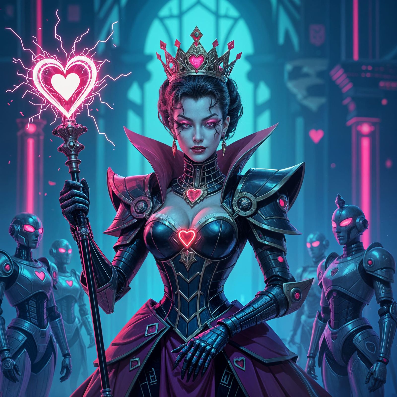 Cyborg Queen of Hearts in Neon Cyberpunk Kingdom