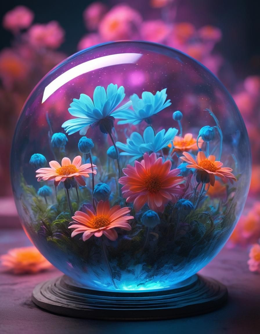 Glowing Neon Flowers in Glass Orb