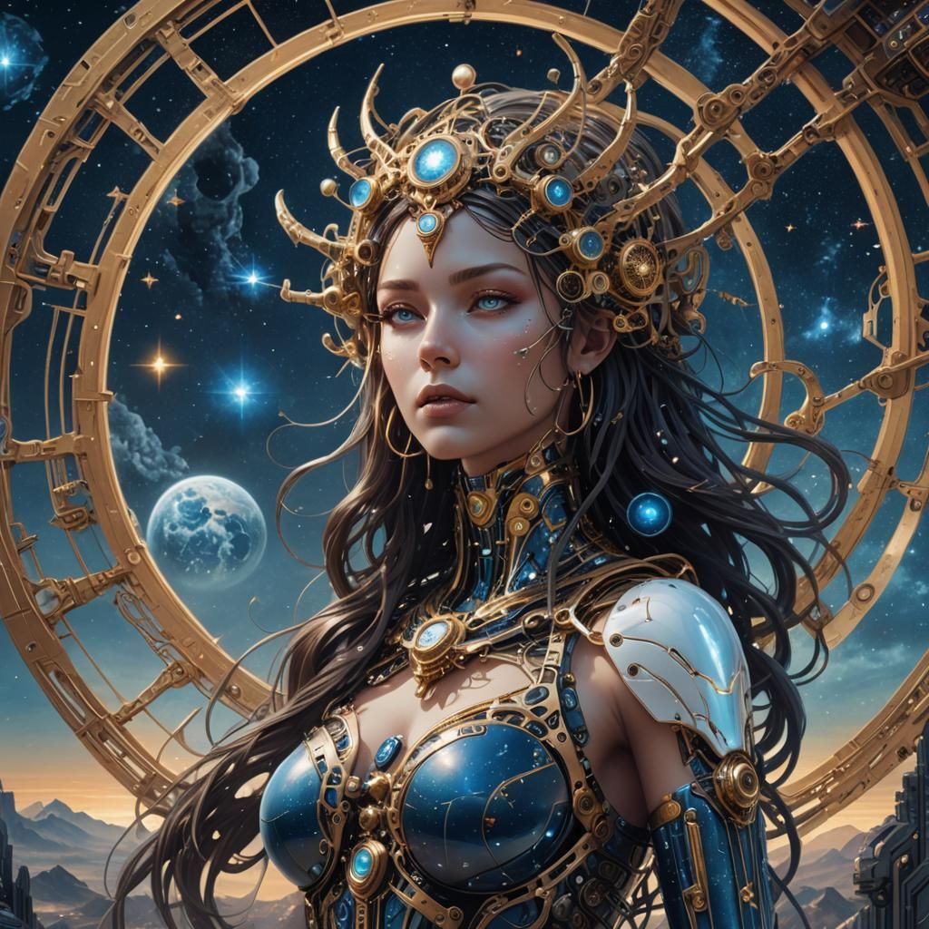 Goddess in Celestial Cyberpunk Landscape: Digital Art