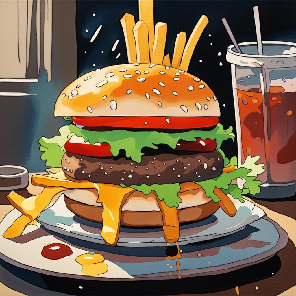 Hamburger and Fries in Studio Ghibli Style