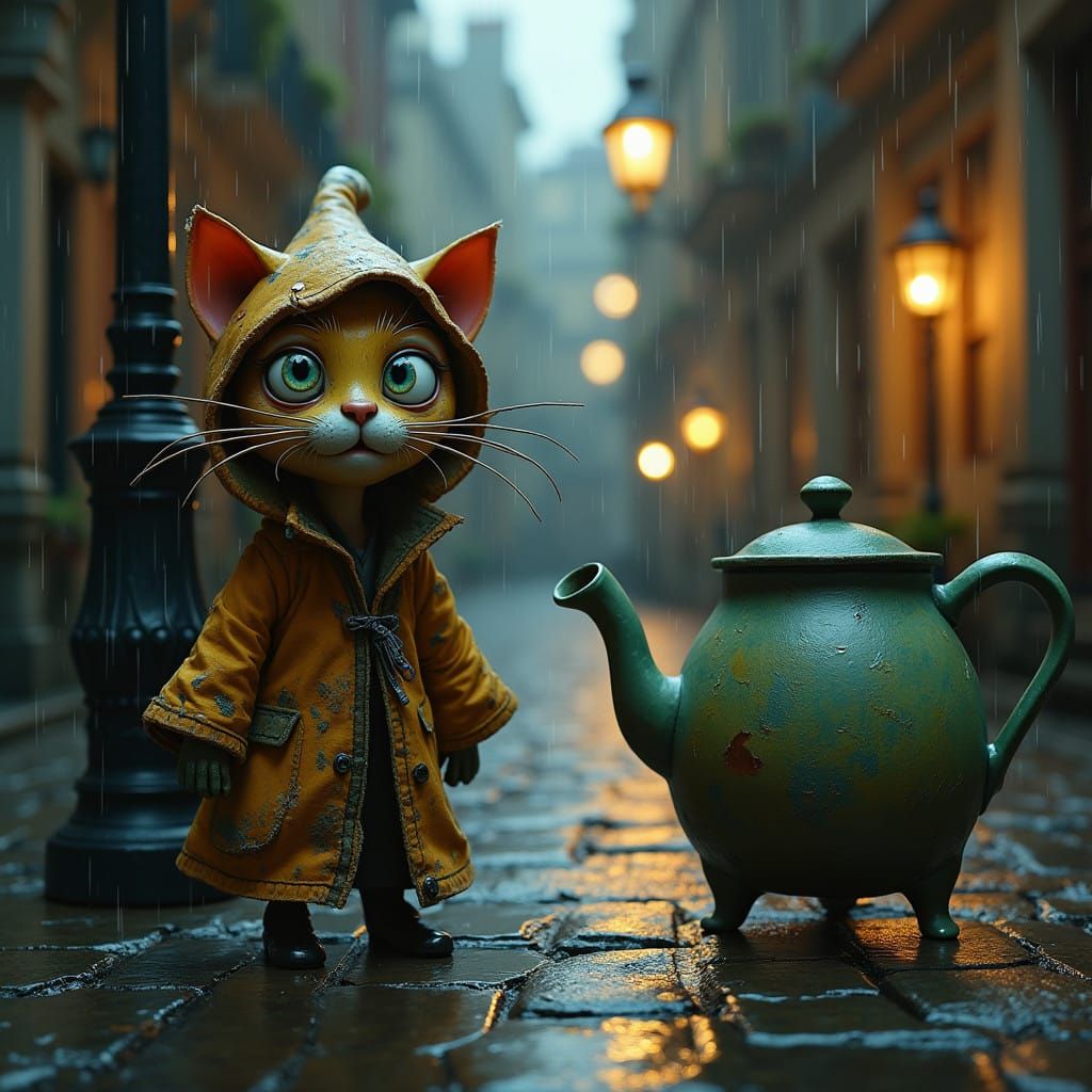 A pair of quirky claymation characters—a wide-eyed cat in a patched-up raincoat and a nervous teapot with little arms—st...