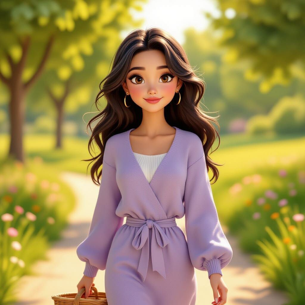 Elegant Woman with Picnic Basket in Sunlit Park