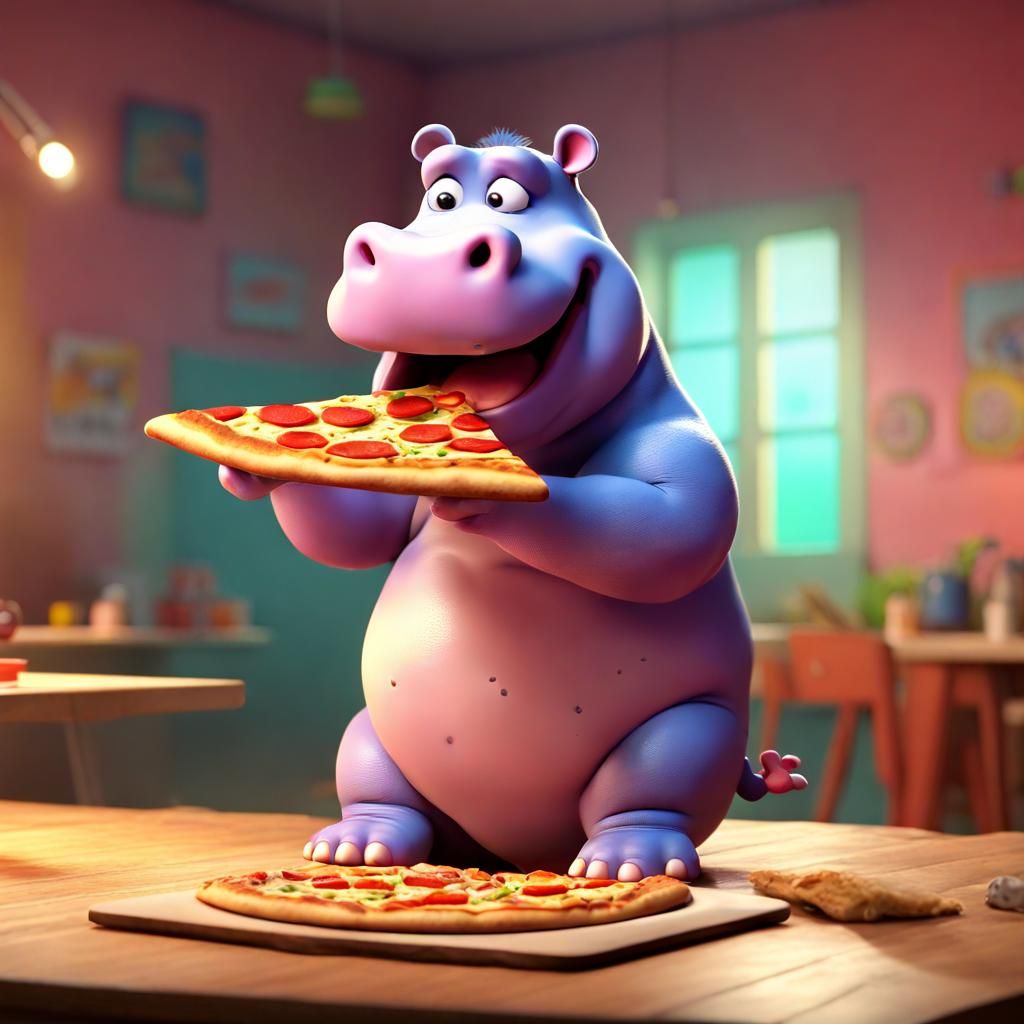 Hippo Eating Pizza: 3D Digital Art