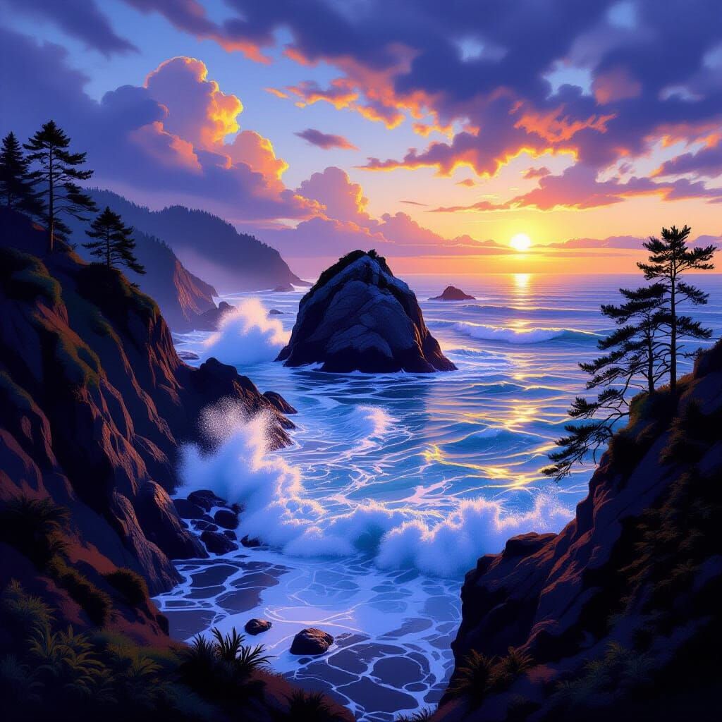 Twilight Oregon Coast: Haystack Rock in Hyperrealistic Style