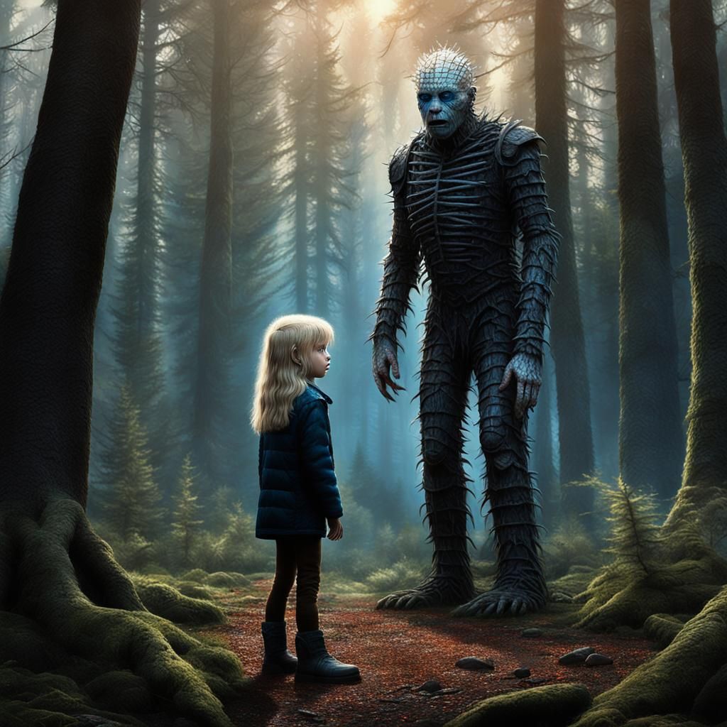 Female Sasquatch Pinhead with Girl in Forest