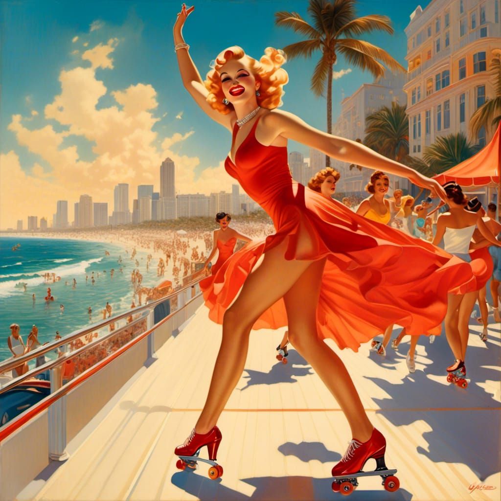 Woman Roller-Skating in Miami at Sunset
