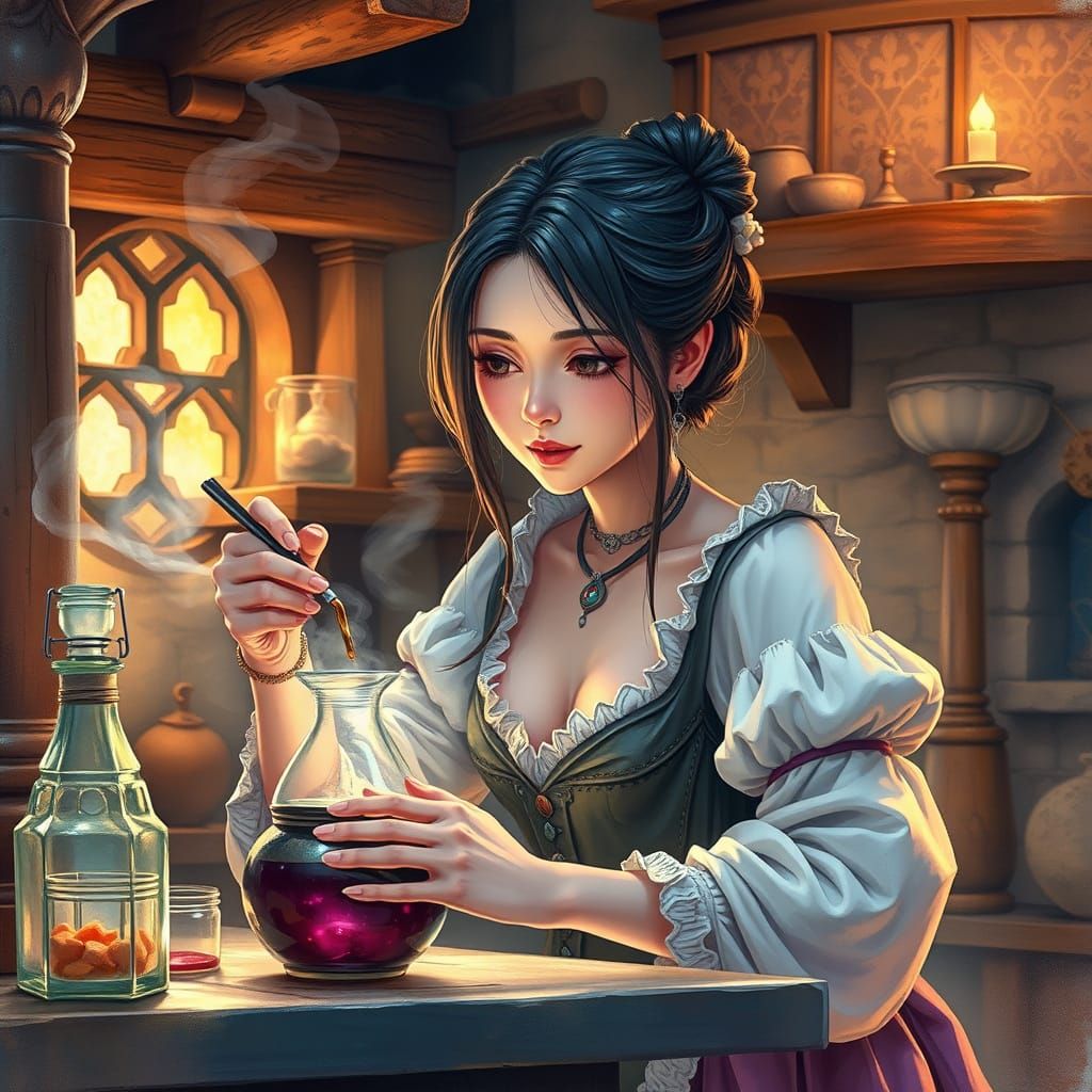 Medieval Woman Brews Love Potion: Anime-Inspired Watercolor