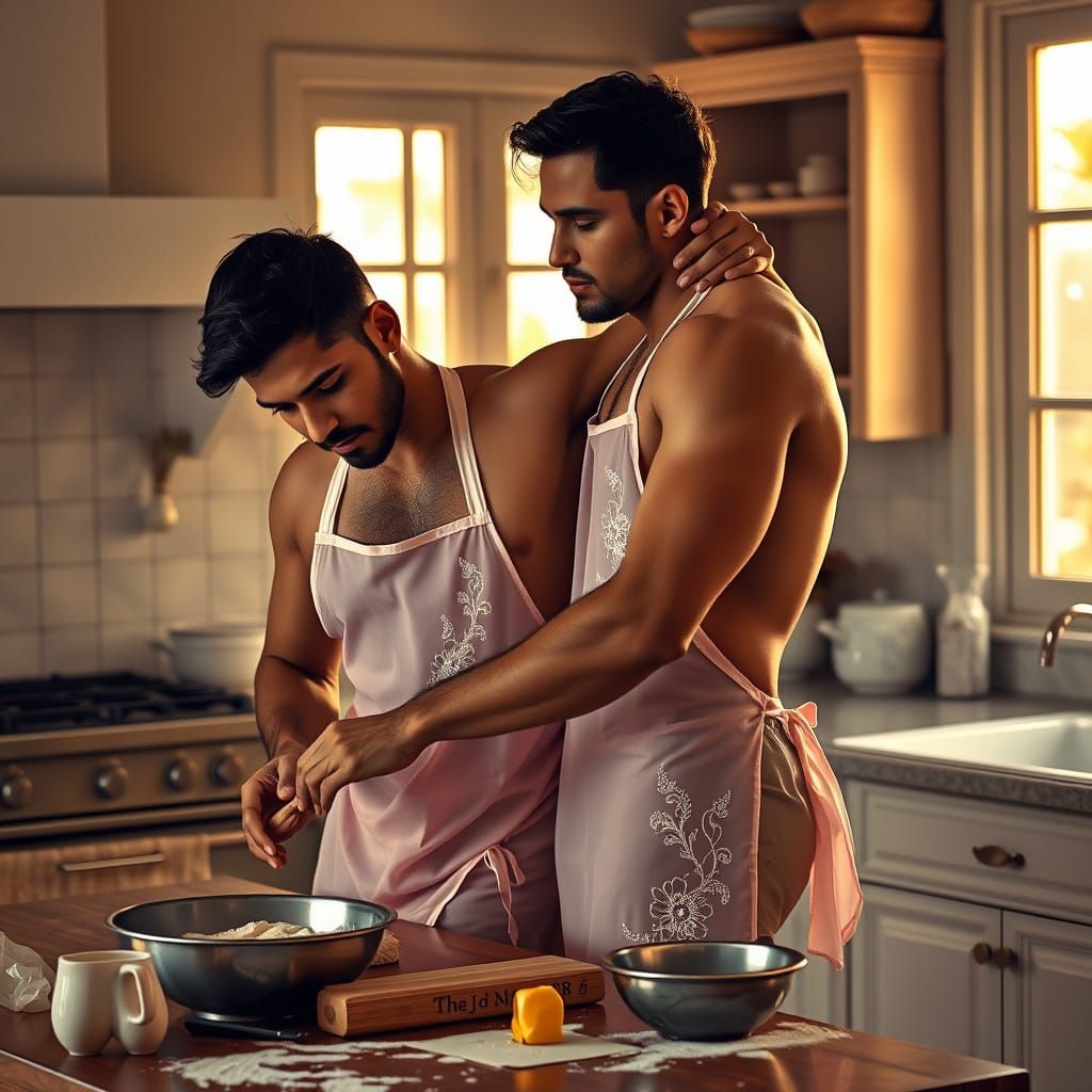Romantic Kitchen Scene with Two Indian Men
