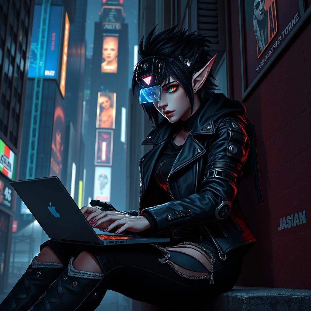 Hyper-realistic female Elf Cyberpunk Netrunner with their portable setup one eye glowing with net code
