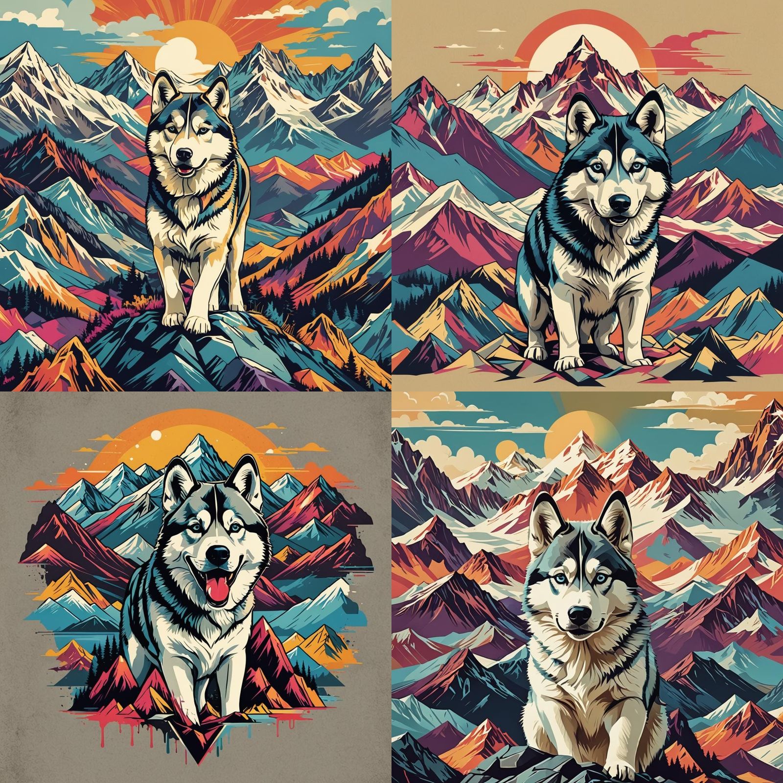 Husky Pop Art T-Shirt Design with Mountain