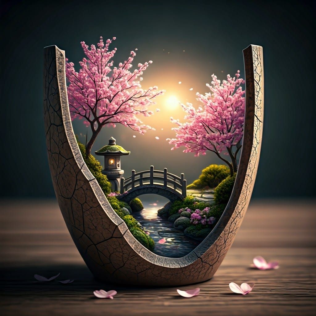 Surreal Whimsy: Delicate Cherry Blossoms in a Cracked Mug