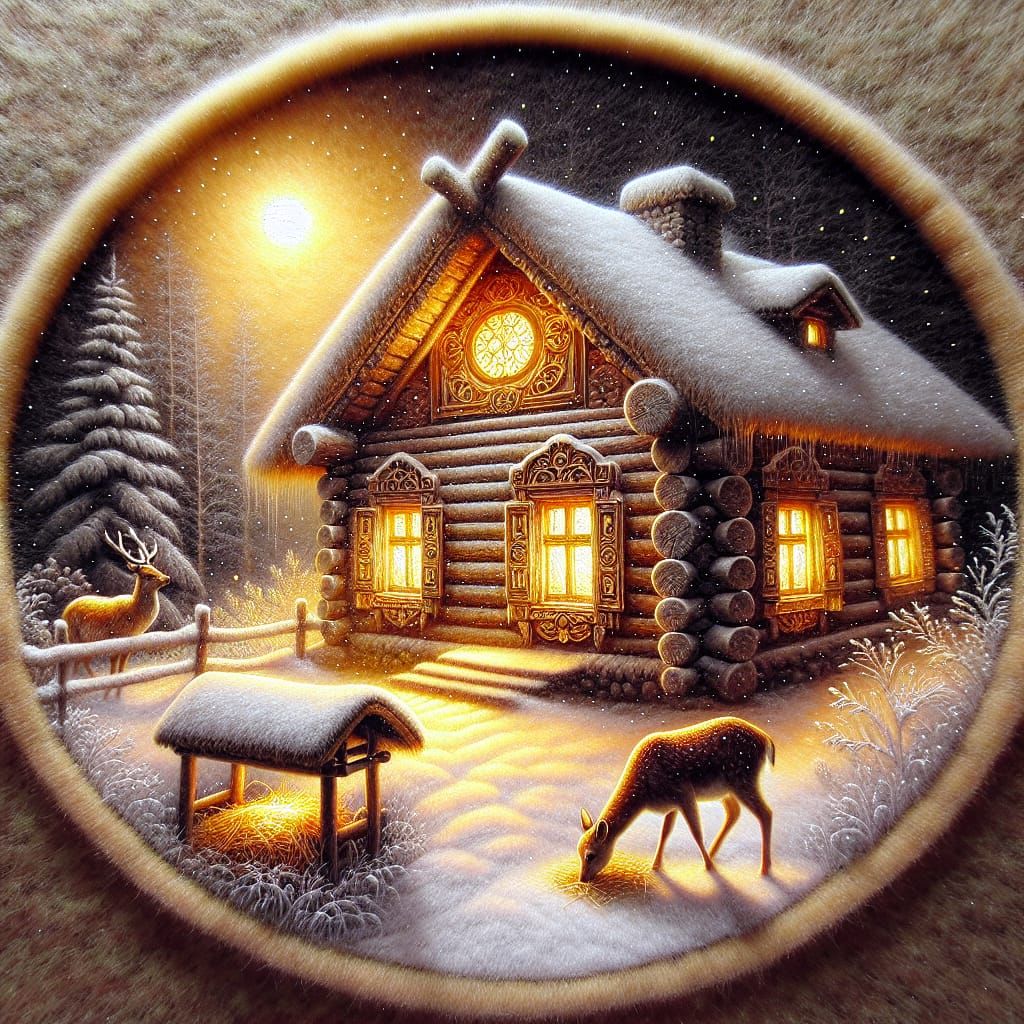 Winter Night's Charm: Oil Painting of a Snug Log House