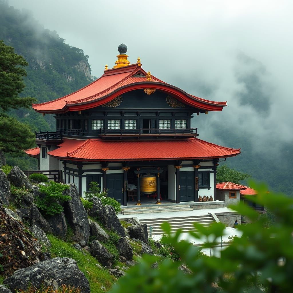Serene Eastern-Style Monastery Amidst Clouds and Greenery