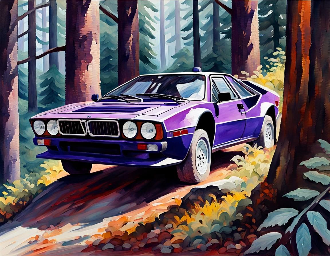 Lancia 037 with Foxes, Gouache Watercolor Style
