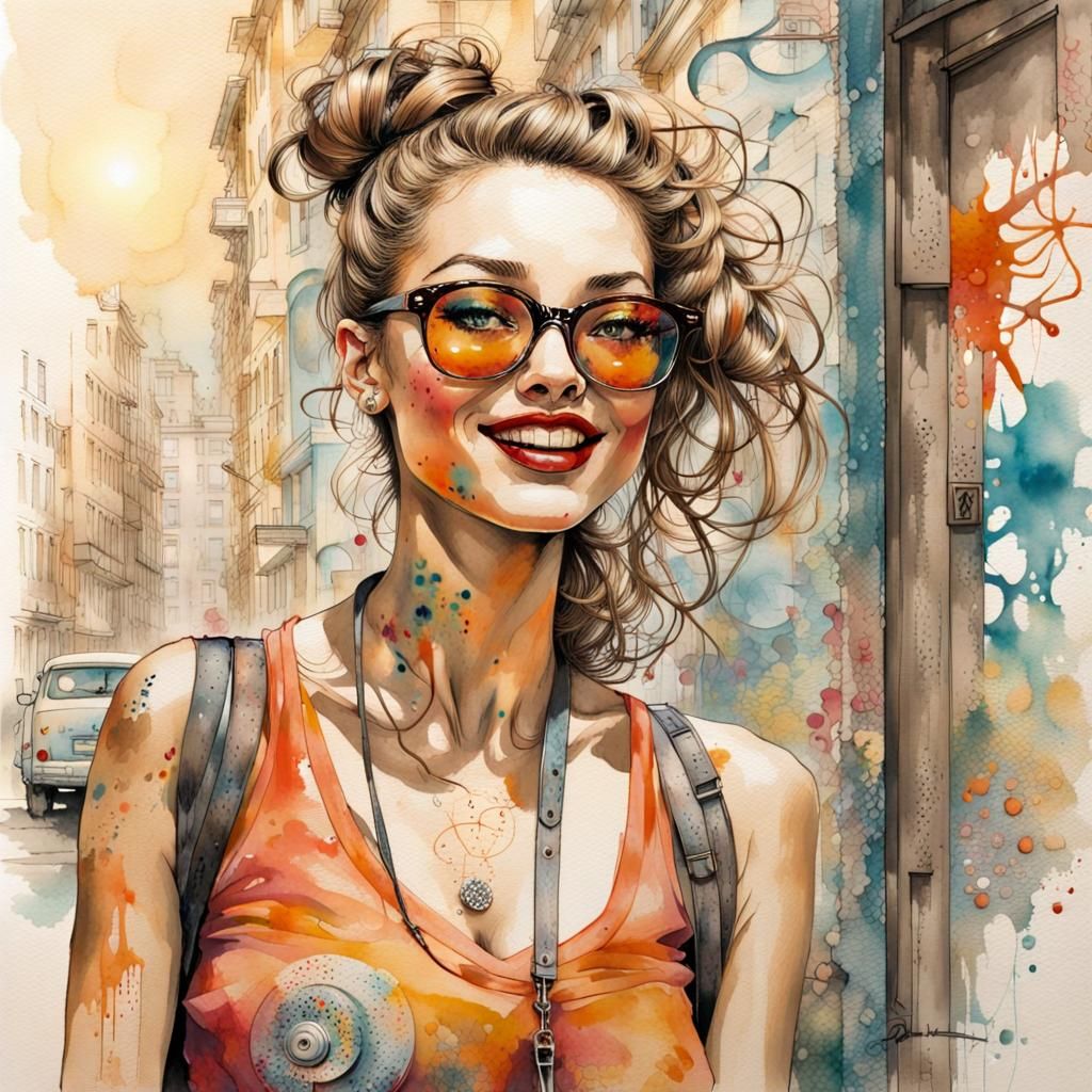 Graffiti Portrait of Smiling Woman in Watercolor Style