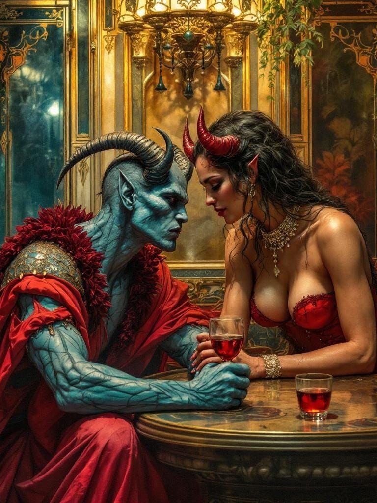 Demons Flirting in Art Nouveau Chiaroscuro Style