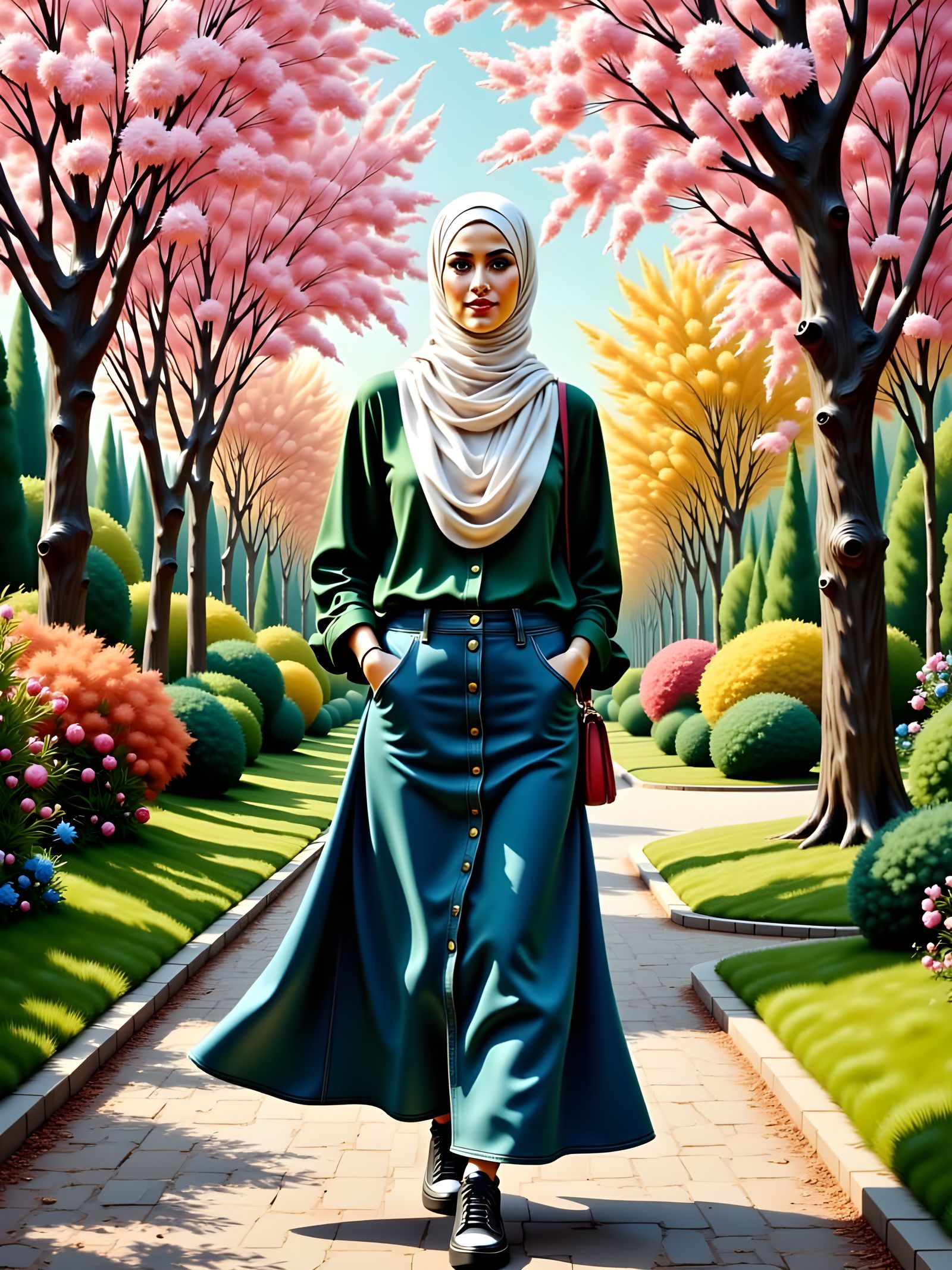 European Woman in Hijab in Forest, Art Nouveau Style