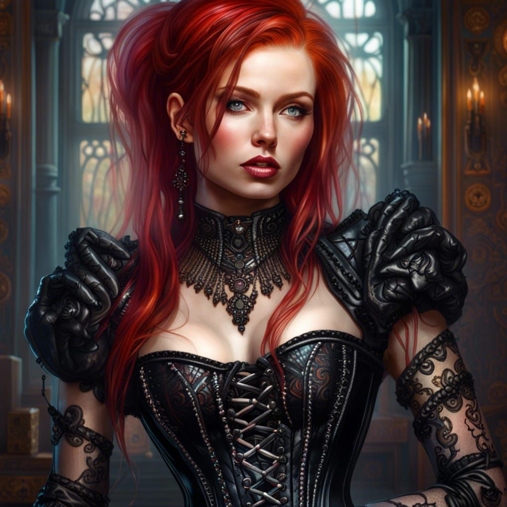 Punk Redhead in Black Corset: Hyper-Detailed Portrait