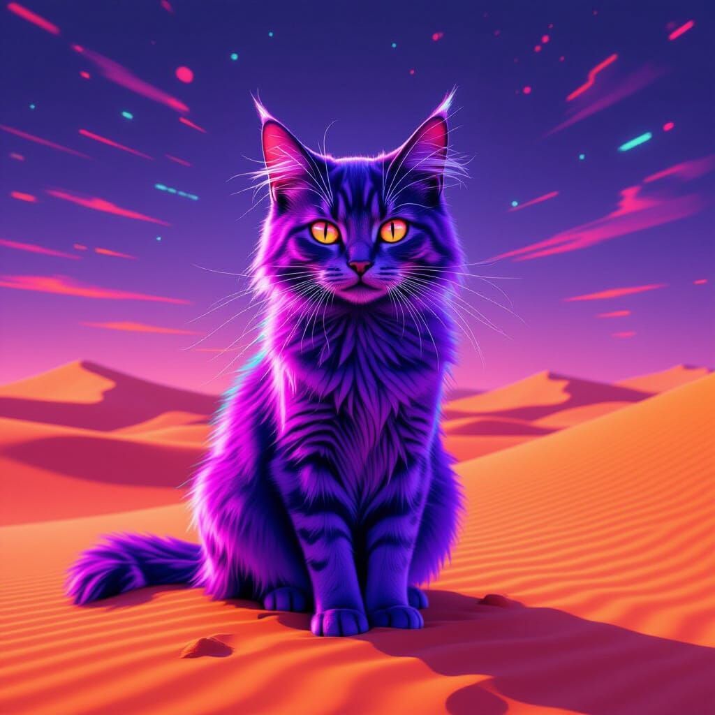 Neon Purple Cat in Vibrant Desert Landscape