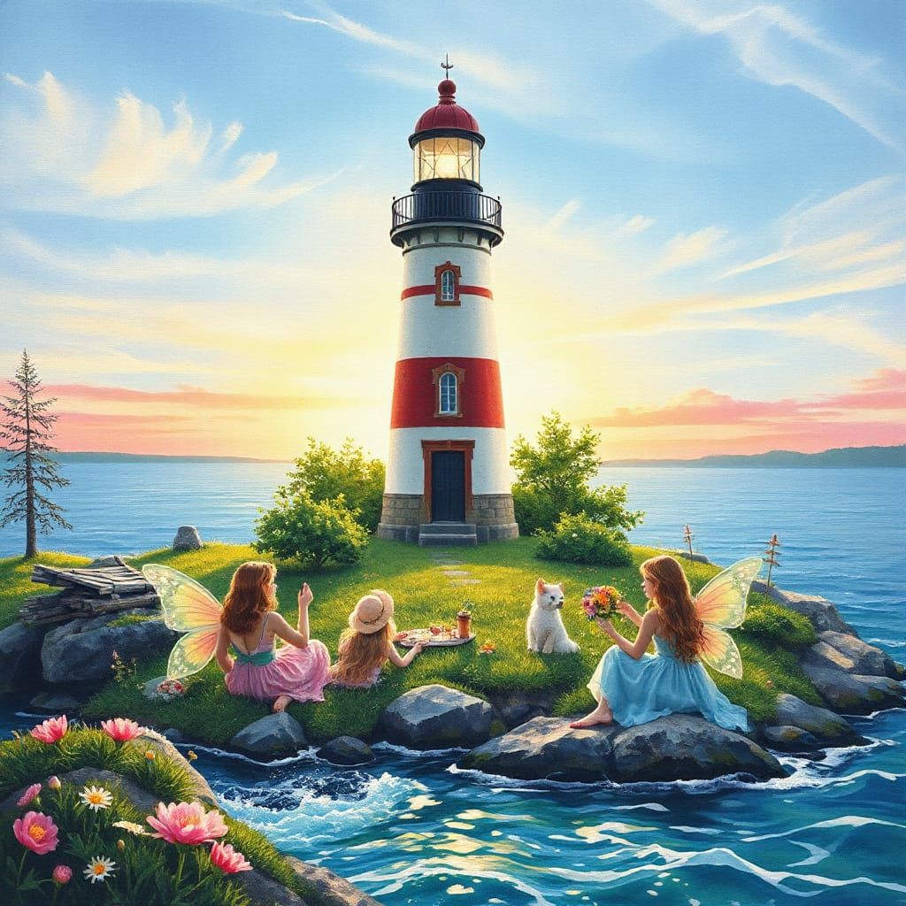 Swedish Island Lighthouse with Fairies, Gouache and Watercol...