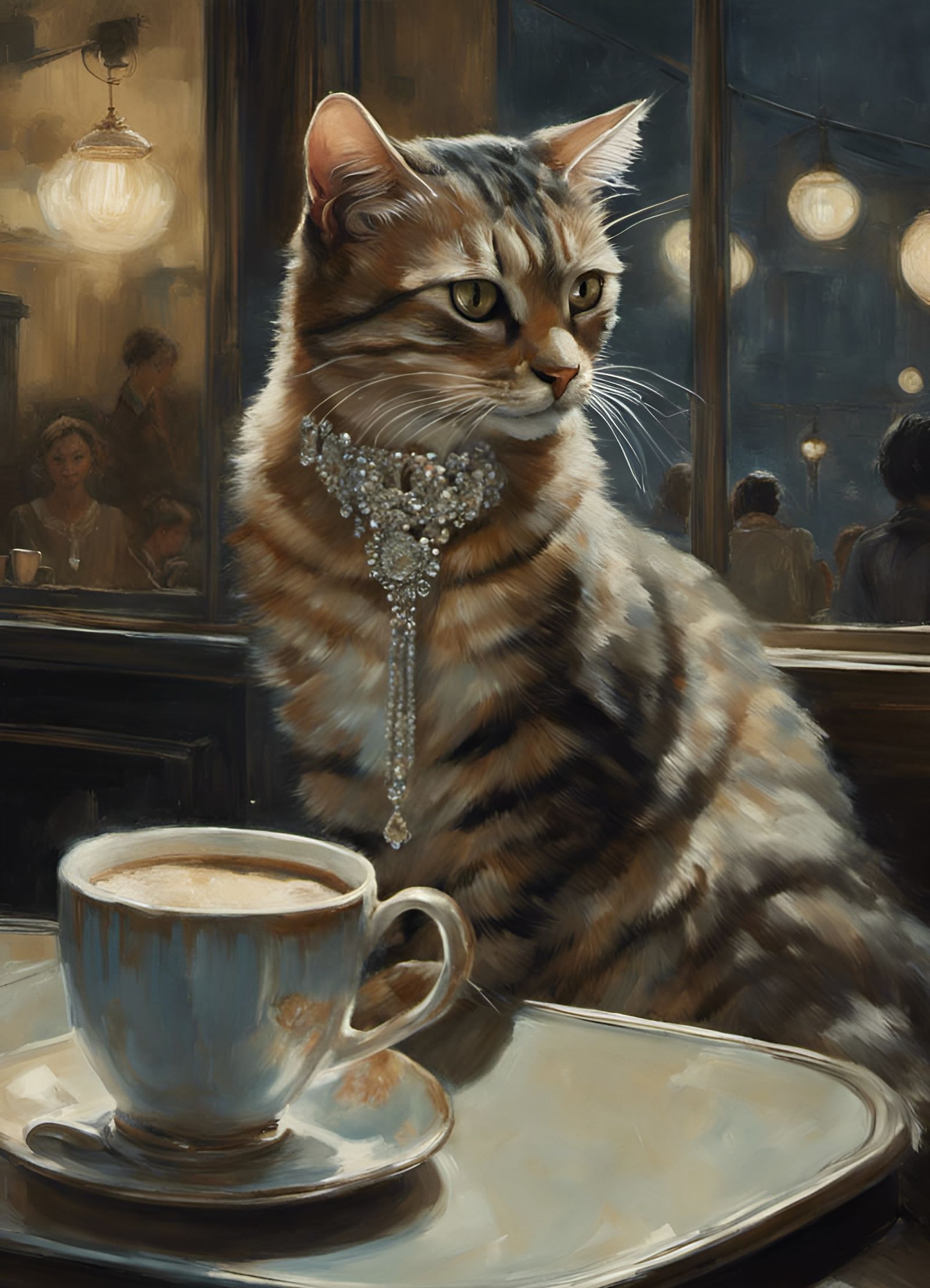Elegant cat sipping a late coffee.