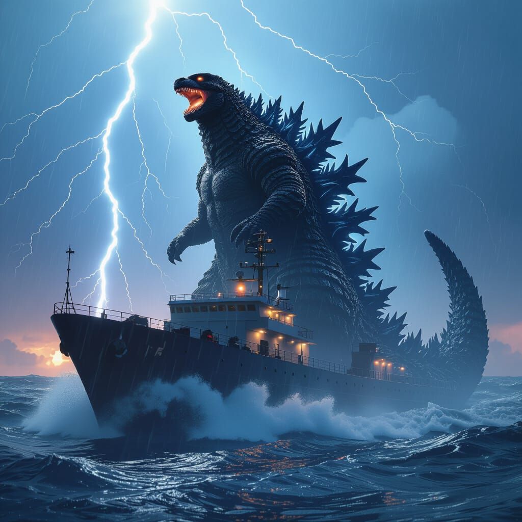 Godzilla Dominates Ship in Stormy Seas