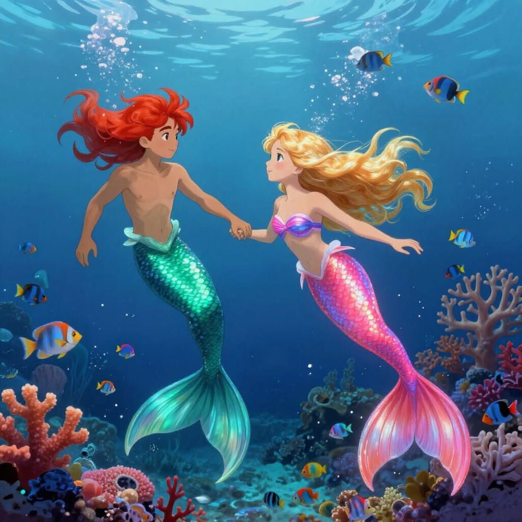 Mermaid Couple Swimming in Vibrant Coral Reef