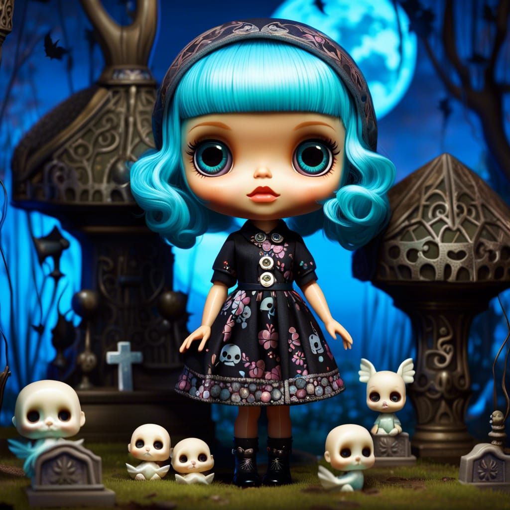 Pop Surrealism Doll in Cemetery, Digital Illustration