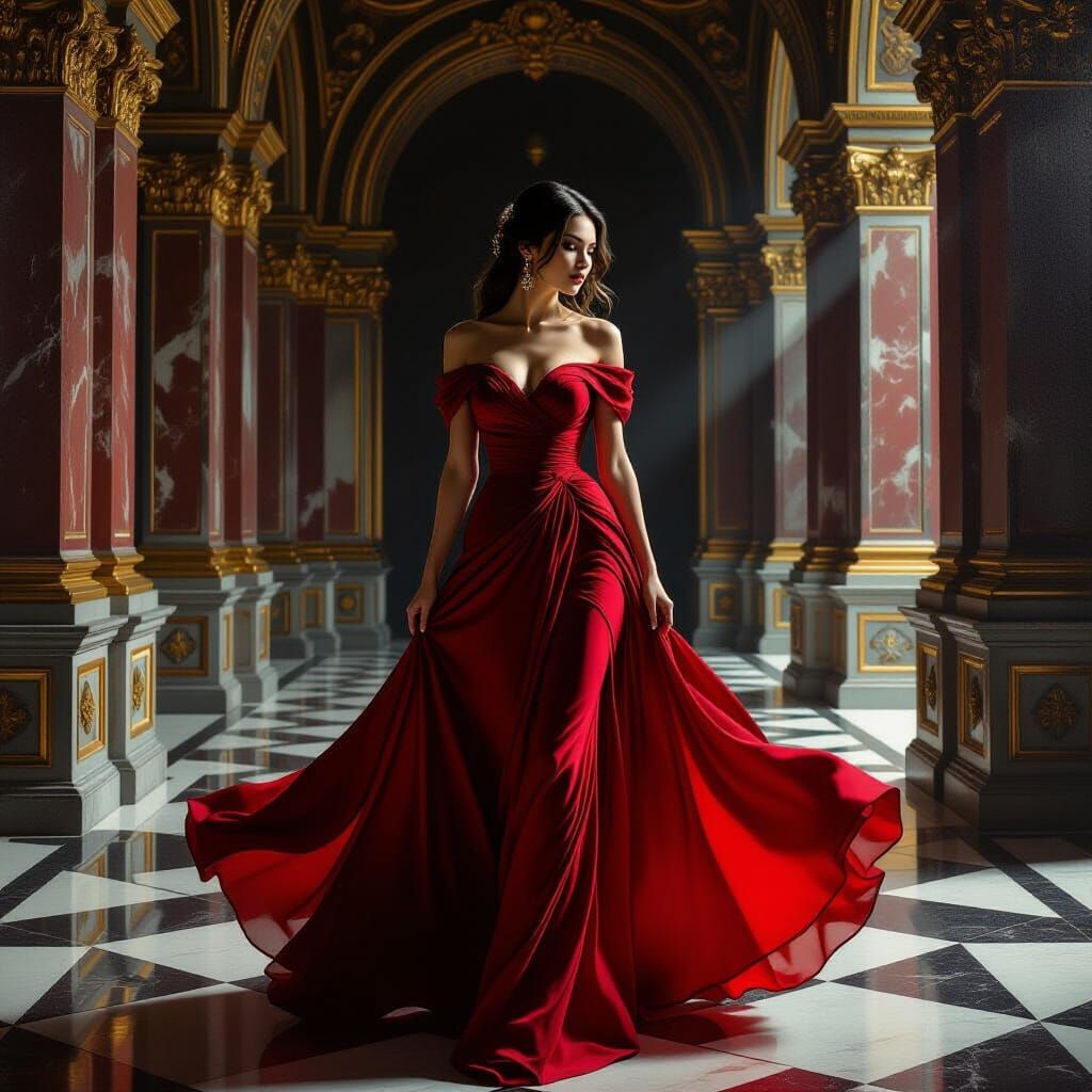 Gothic Neoclassical Dress in Grand Hall Oil Painting