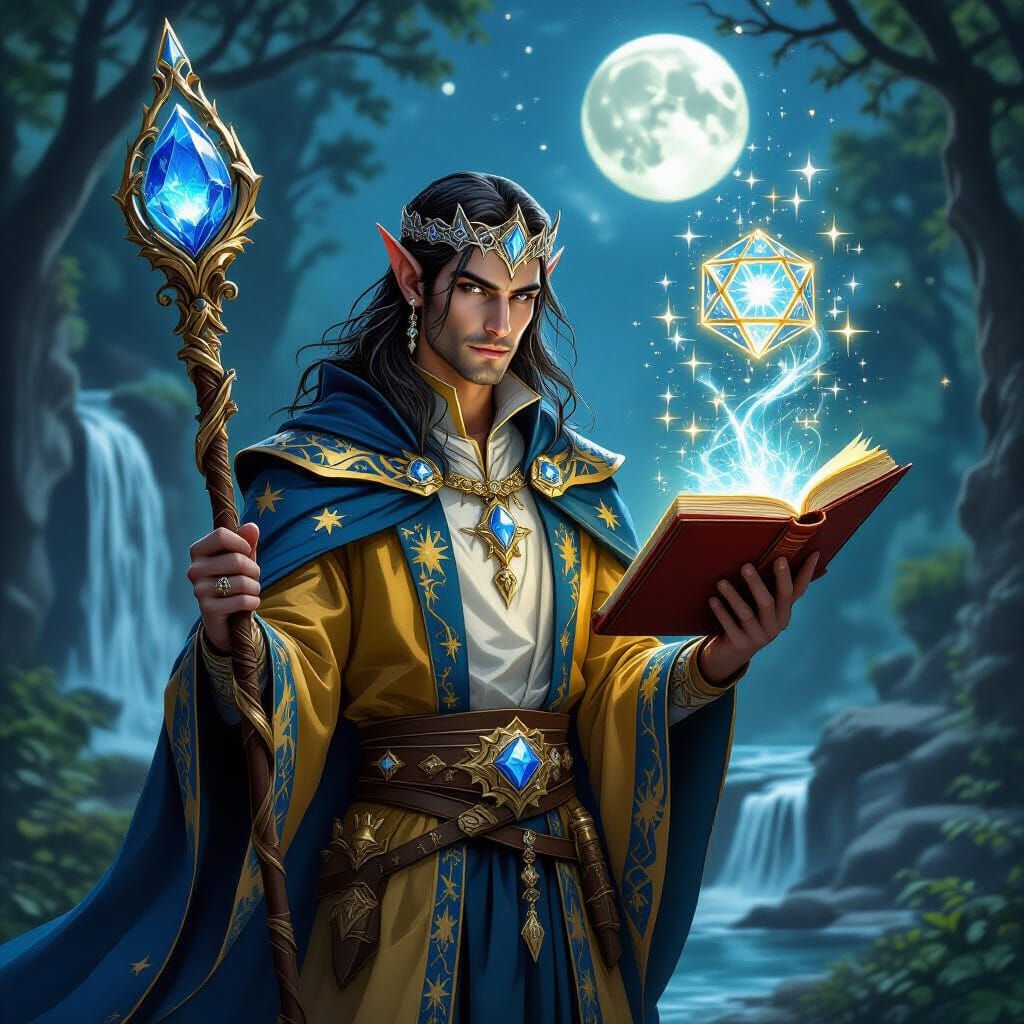 High Elf Wizard Divining Future with Sapphire Staff