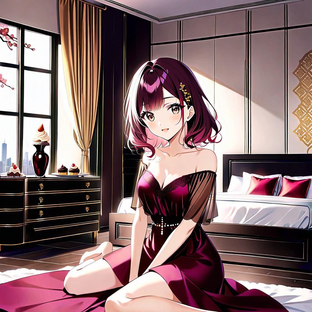 Anime Style Asian Woman in Silk Dress