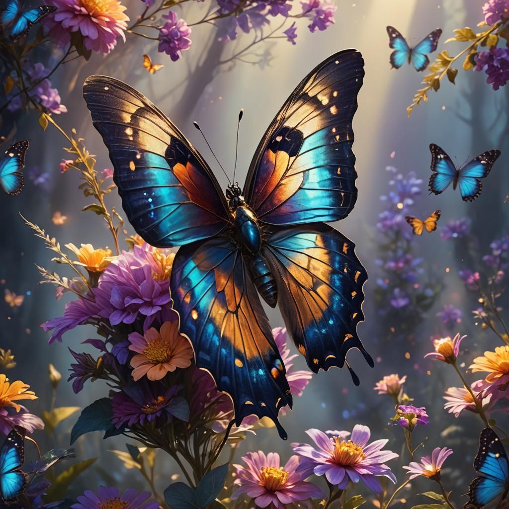 Butterfly on Glowing Flower: Fantasy Digital Art