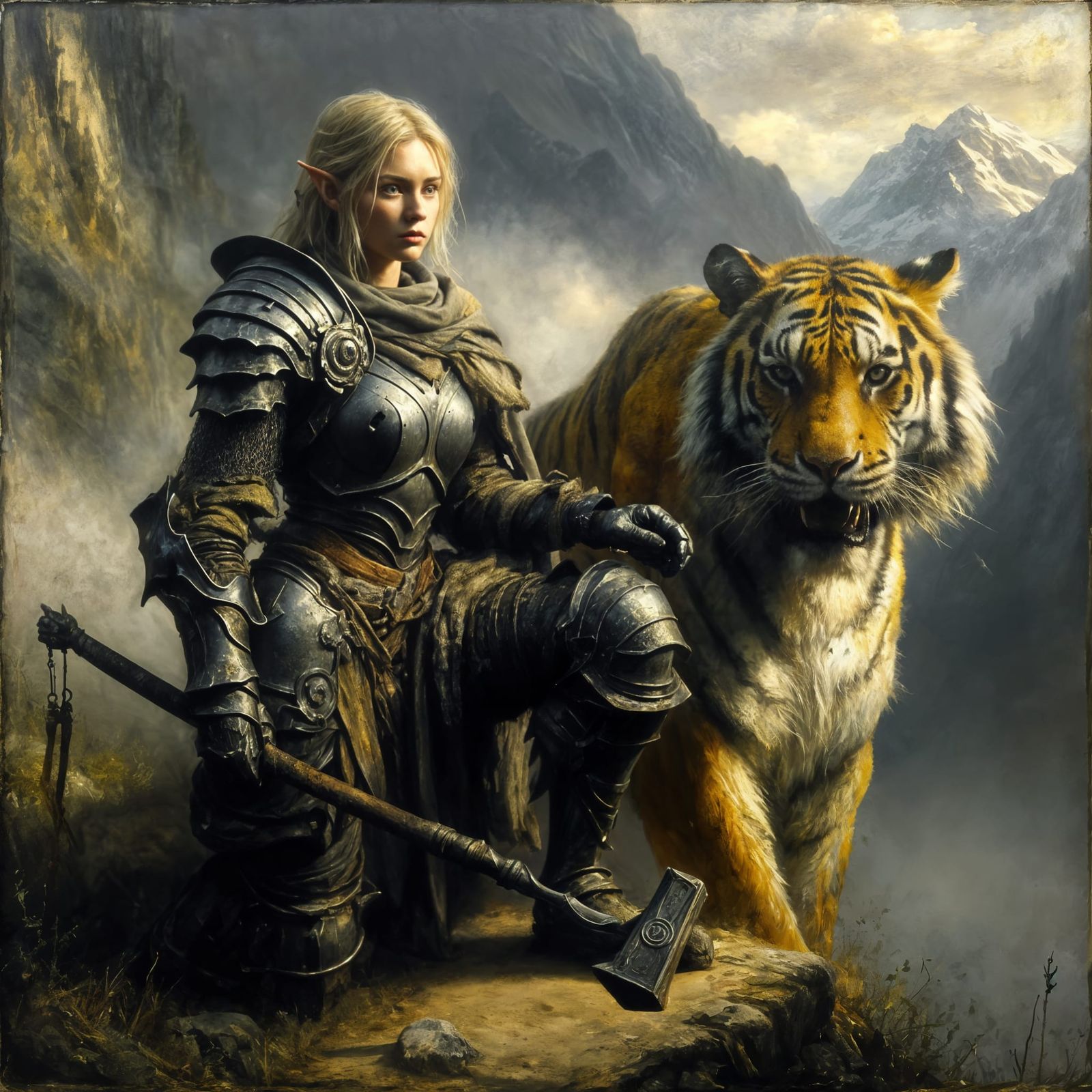 Elf Maiden in Tenebrism Oil Painting with Majestic Tiger