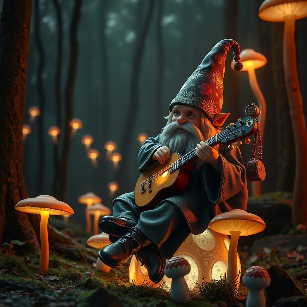 view of a mystical gnome playing music with his beautifully finished decorated portable lute while sitting on a luminesc...