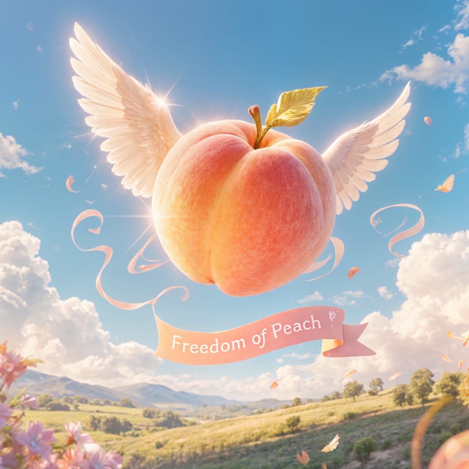 Surreal Artwork: Radiant Peach with Angelic Wings Soars