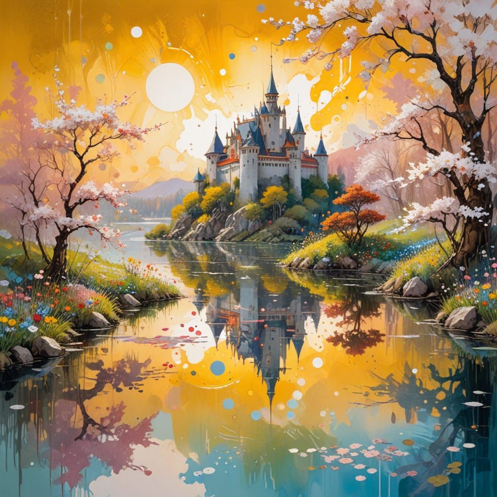 Fairytale Castle on Lake with Wildflowers in Watercolour Sty...