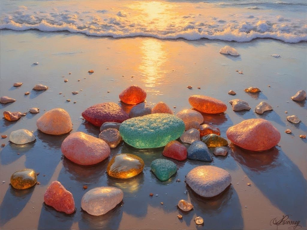 Colourful Sea Glass on Wet Sand at Sunrise