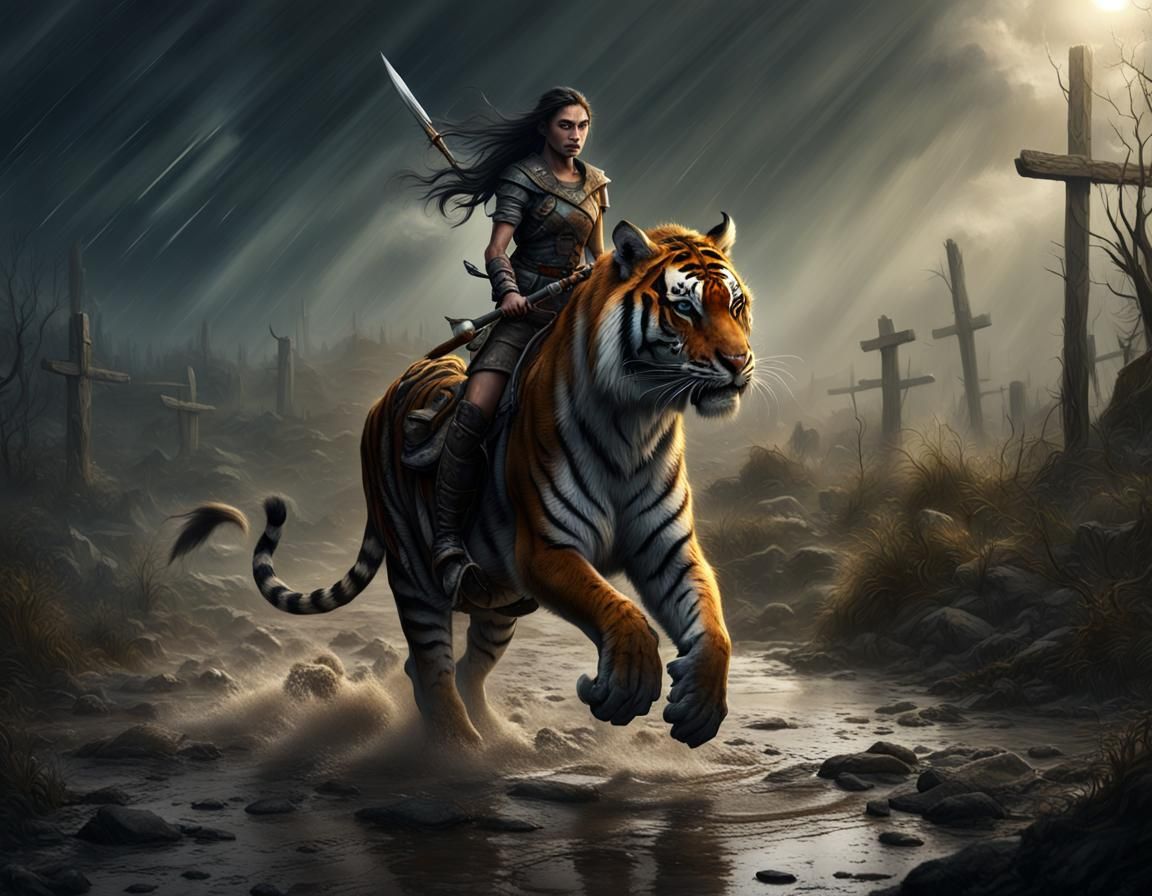 Barbarian Girl Rides Tiger in Moonlight