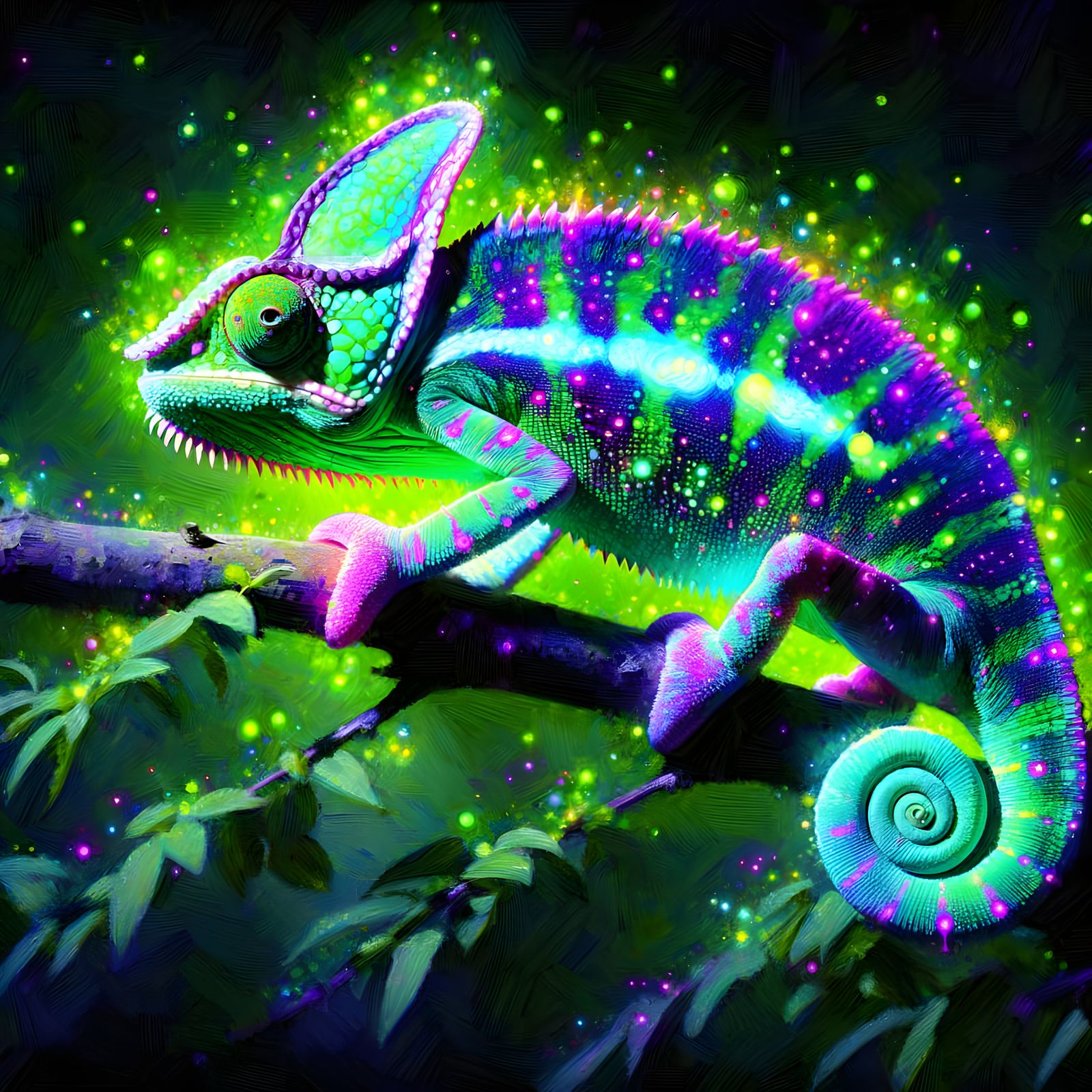Bioluminescent Chameleon in Neo-Impressionist Style