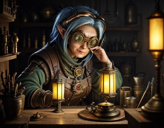 Gnome Automaton at Workbench in Surrealist Style