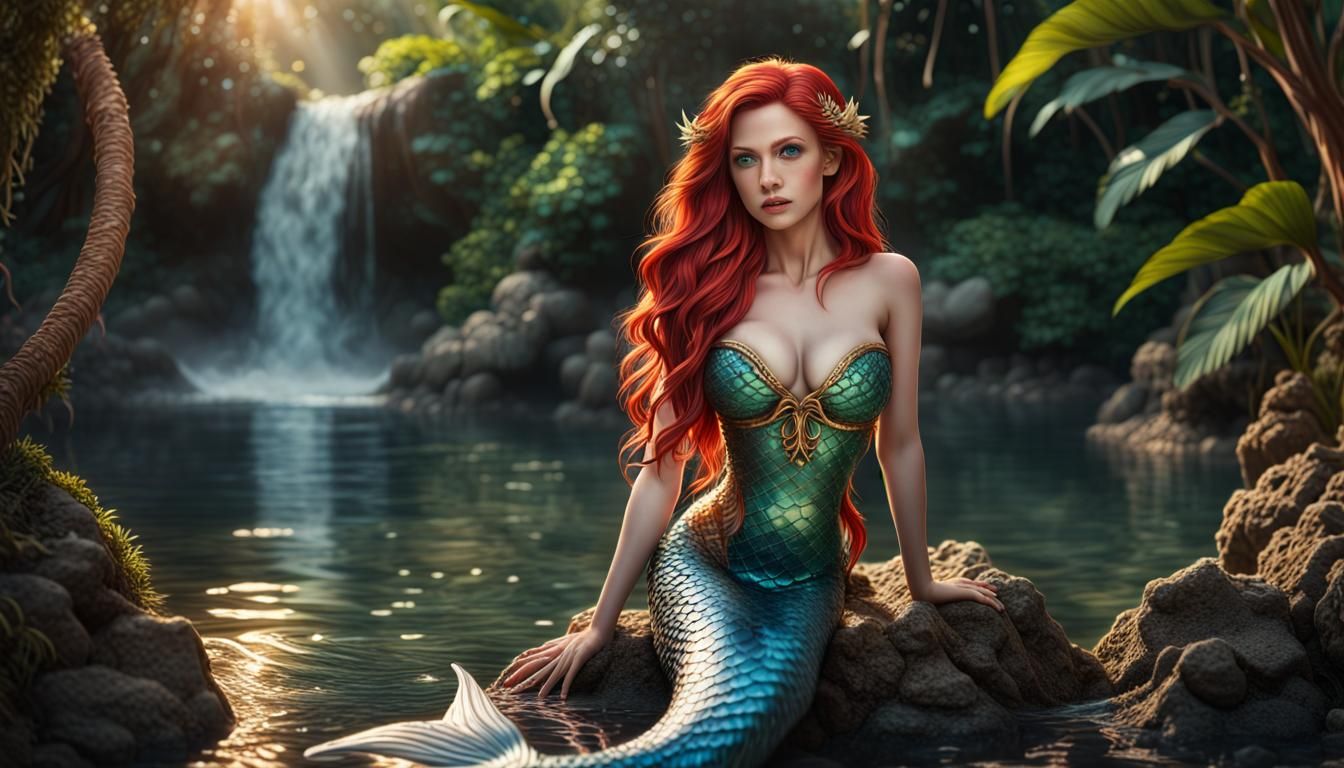 Ethereal Red-Haired Mermaid Goddess in Tropical Haven