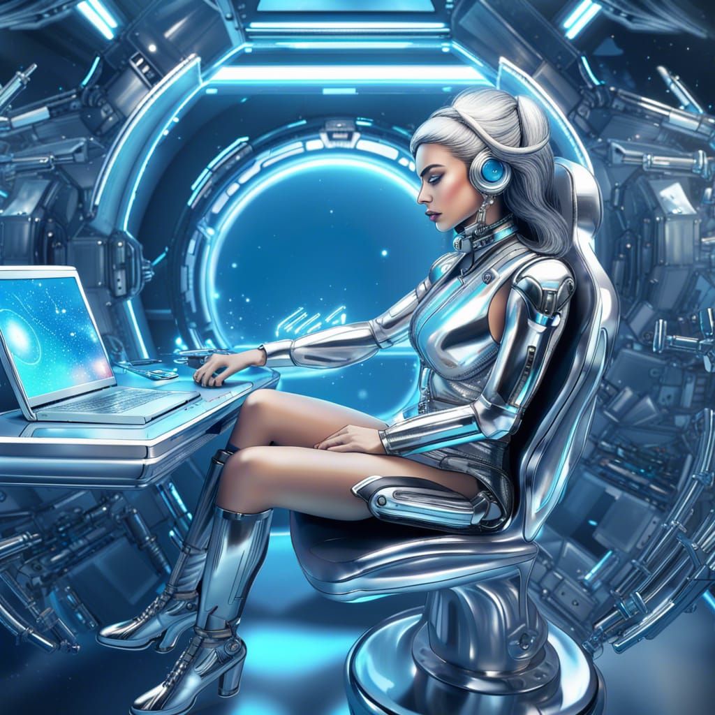 Futuristic Space Station with Robotic Woman: Cosmic Illustra...