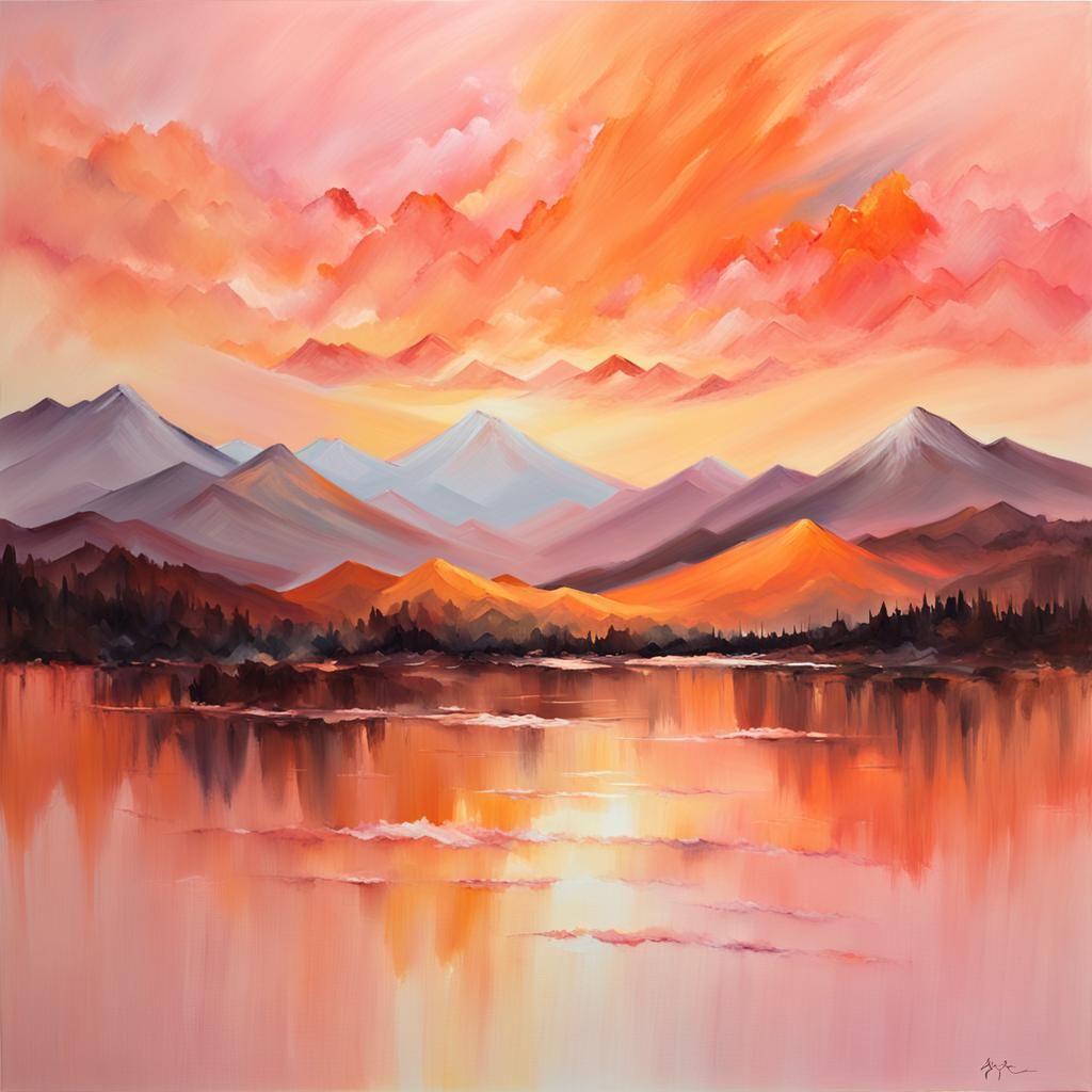 Impressionist Sunset Over Mountain Range in Pastel Colors