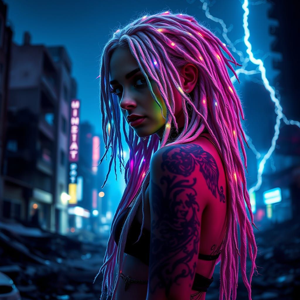 Woman with Fiber Optic Dreads in Ruined City