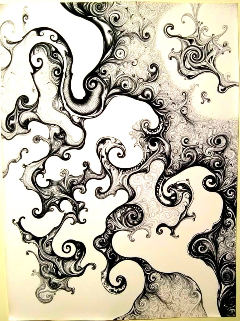 Surreal Abstract Ink Drawing with Intricate Patterns and Com...