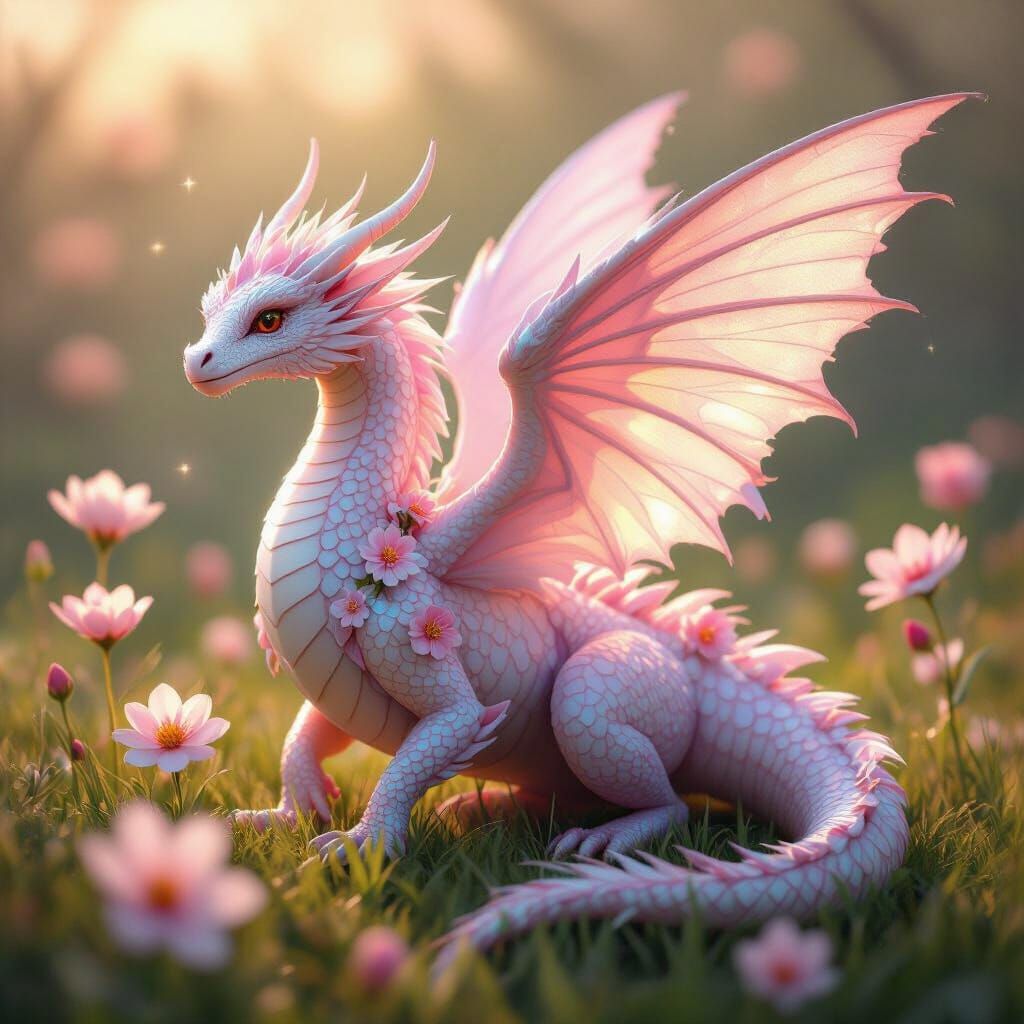Iridescent Dragon Adorned with Flowers in Spring Landscape