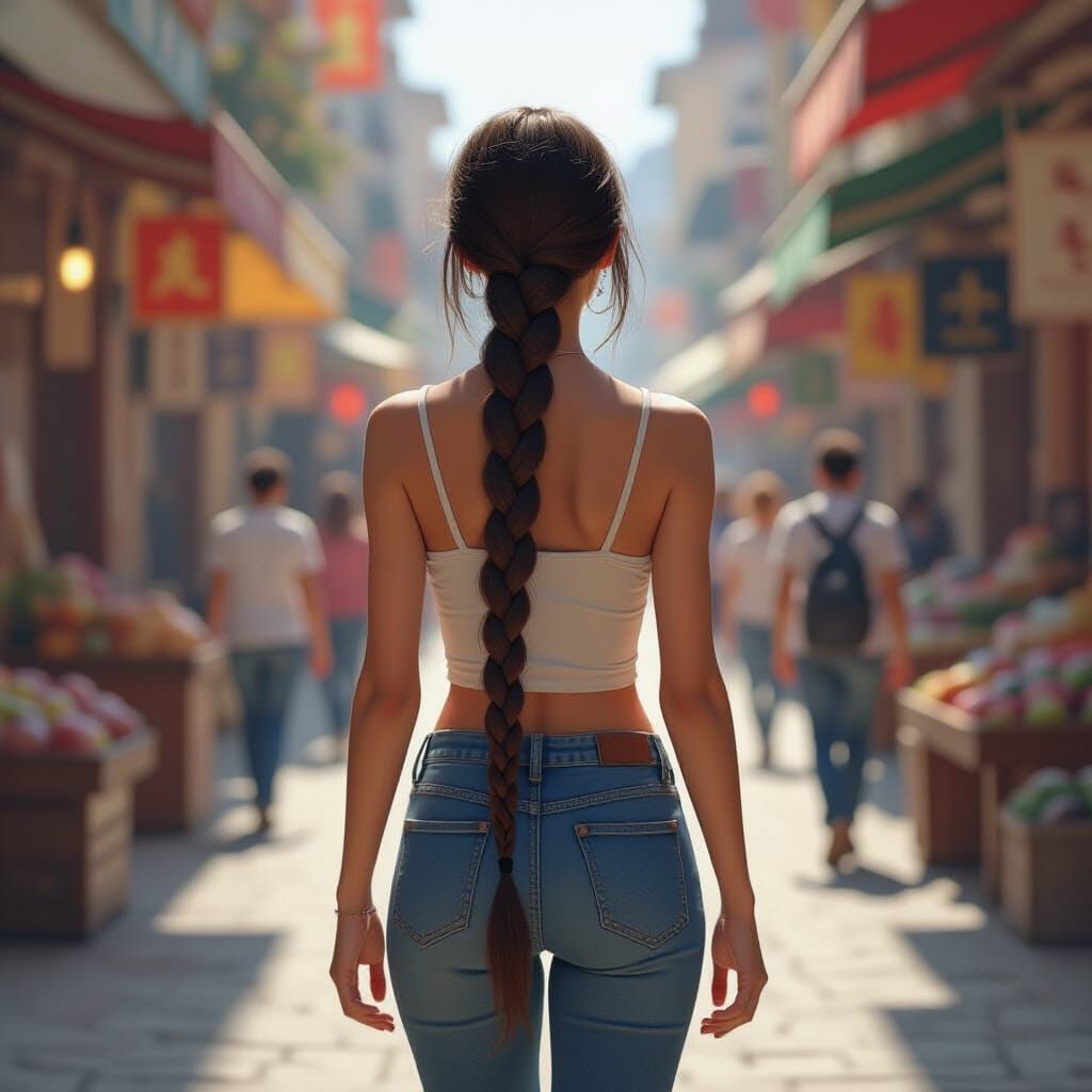 Girl with Long Braid in Bustling Market Concept Art