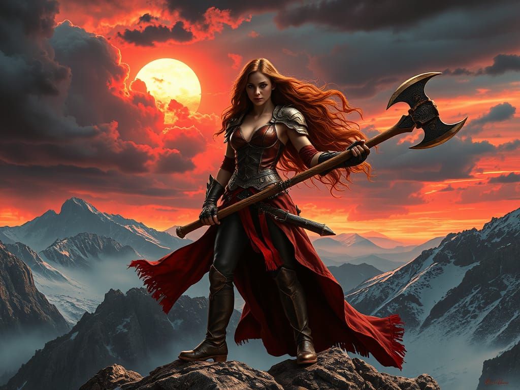 Warrior Woman with Axe Against Blood-Red Sunset
