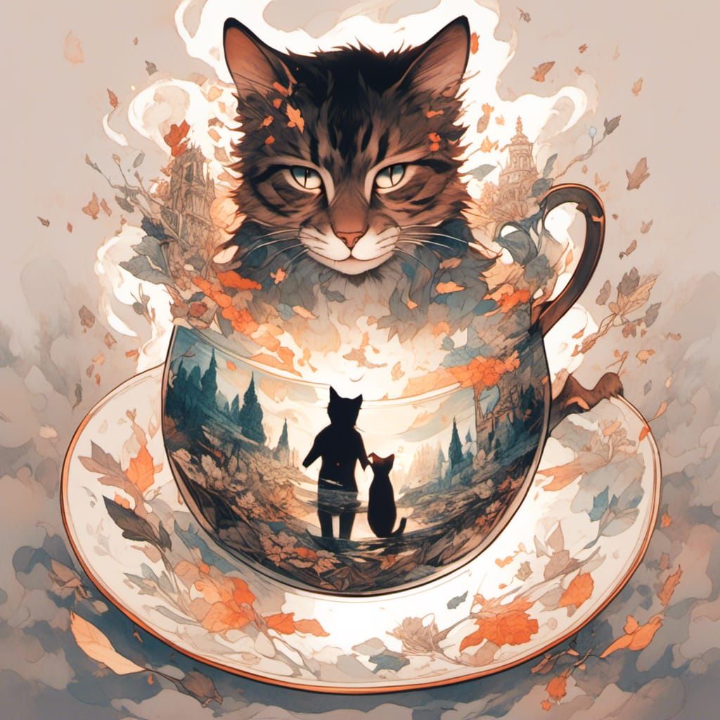 Elegant Tea Cup with Cat Double Exposure Photo