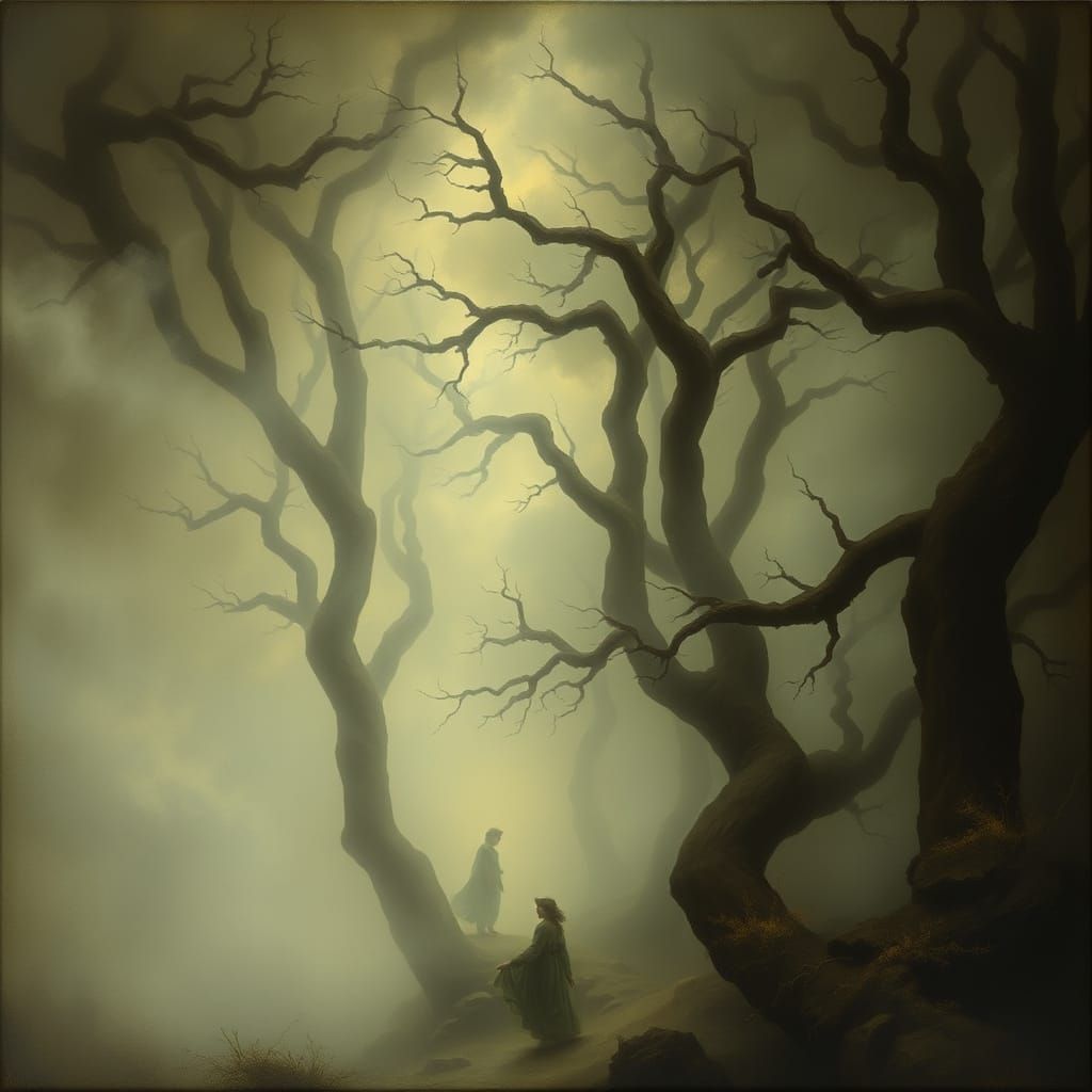Mysterious Foggy Forest Allegory in Fuseli Style